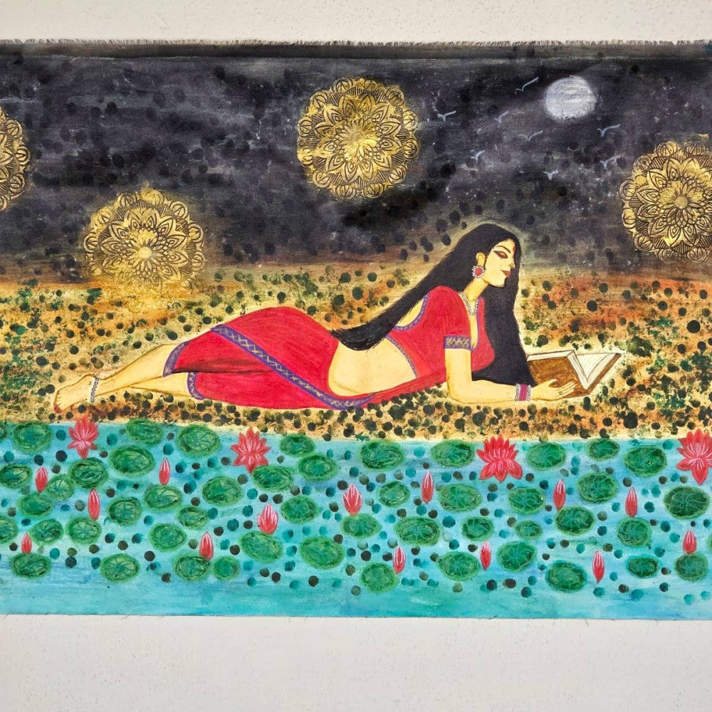 Beautiful Indian lady reading book in moonlight-Acrylic/oil canvas painting