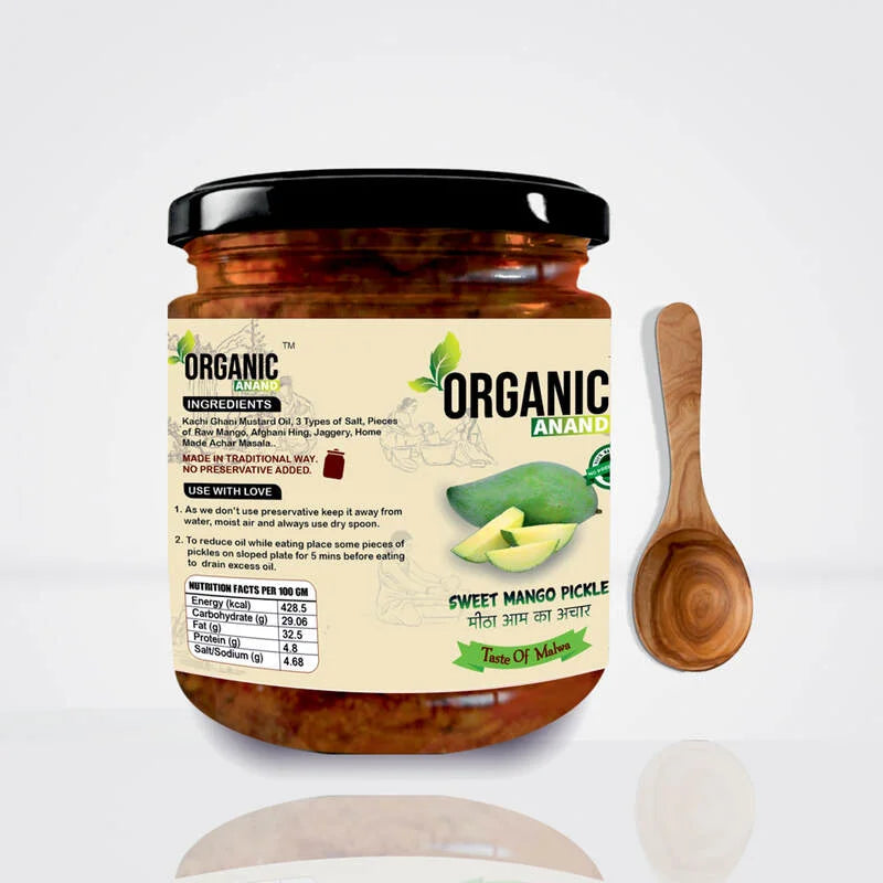 Organic Anand Pure & Natural Less Sweet Mango Pickle (Mitha Aam ka achar) Jaggery Mango Pickle,Homemade Achar with Neemwood Spoon No Artificial Preservatives & Colors
