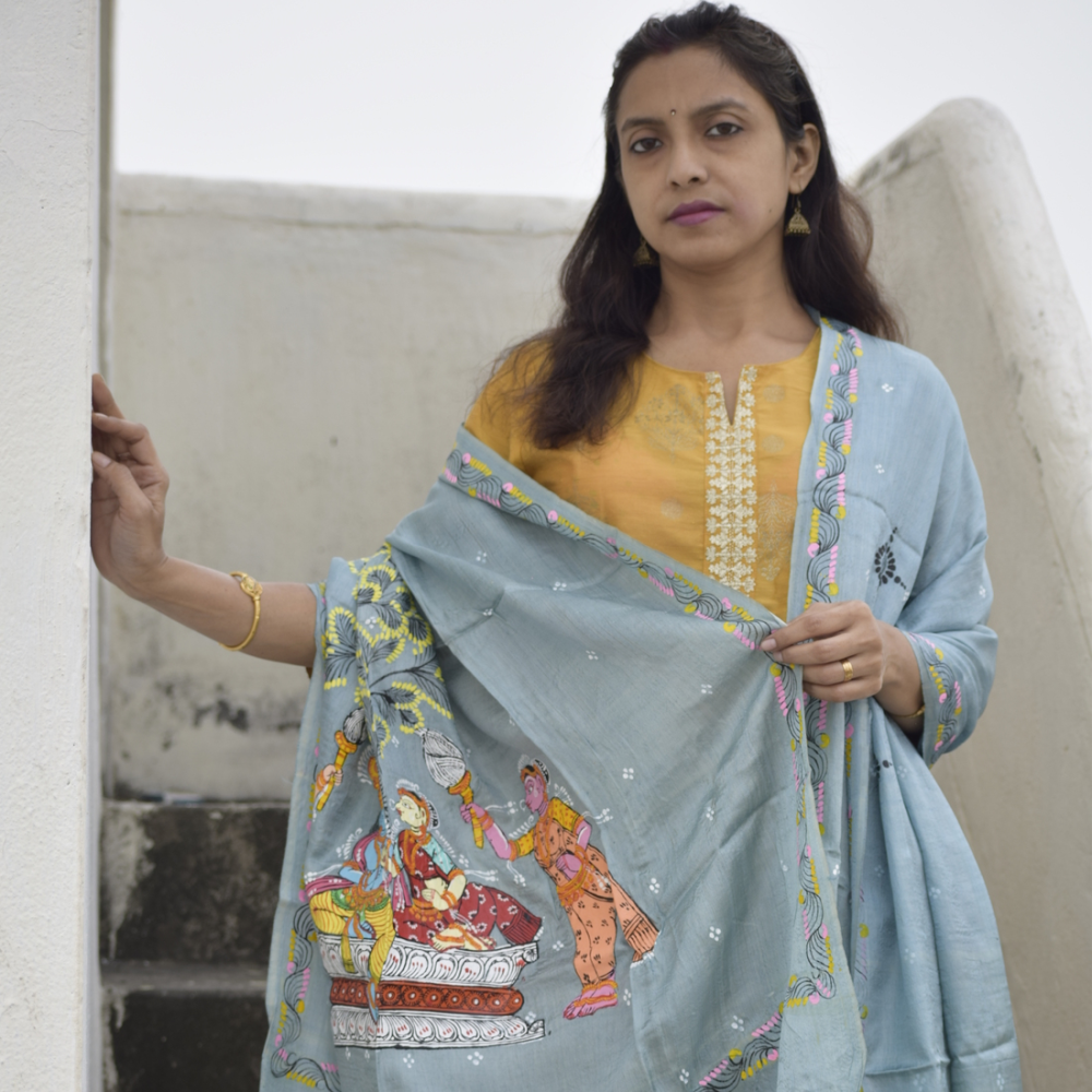JAMUNA VIHAR  -  Handpainted Banana Silk Pattachitra Dupatta