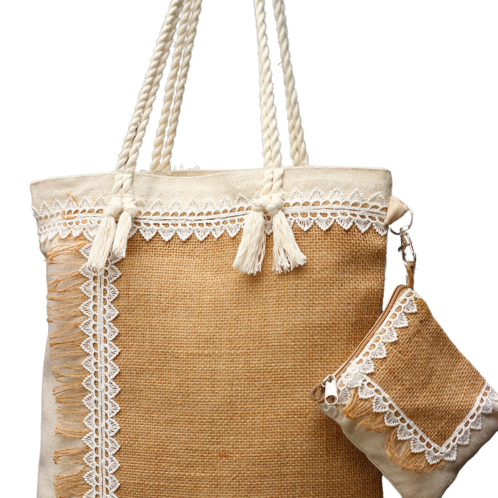 Handmade Jute Bag With White Lace