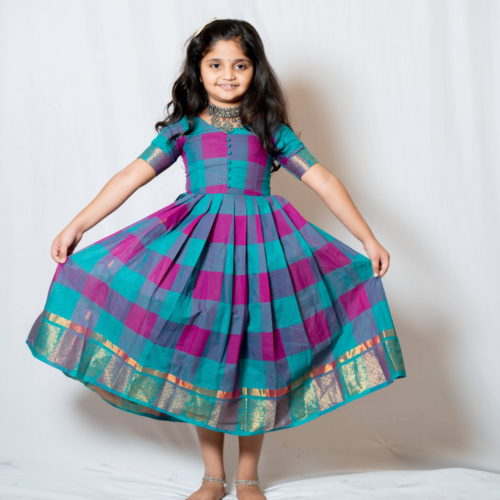 Kattam - Anarkali dress in chettinad cotton in Teal and Pink checks