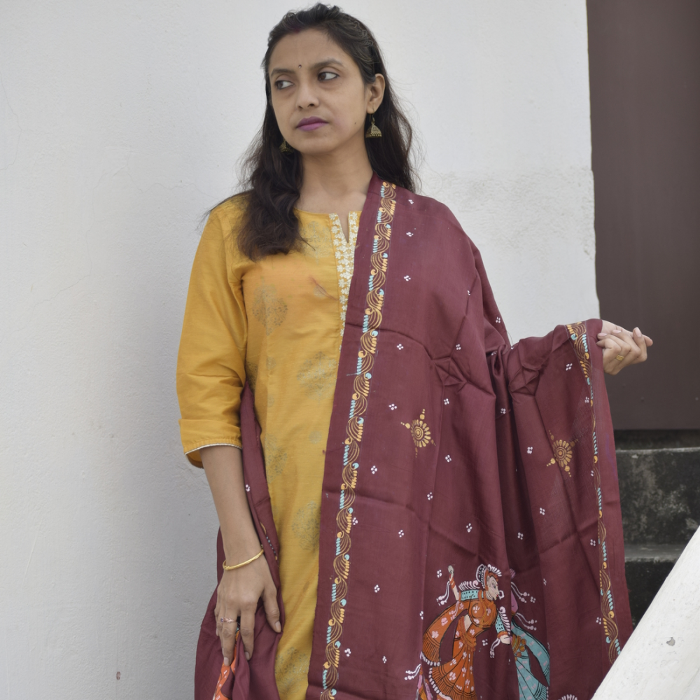 Krishna Leela -  Handpainted Banana Silk Pattachitra Dupatta .