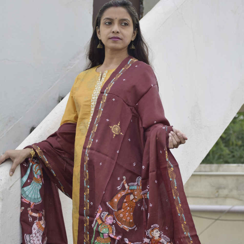 Krishna Leela -  Handpainted Banana Silk Pattachitra Dupatta .