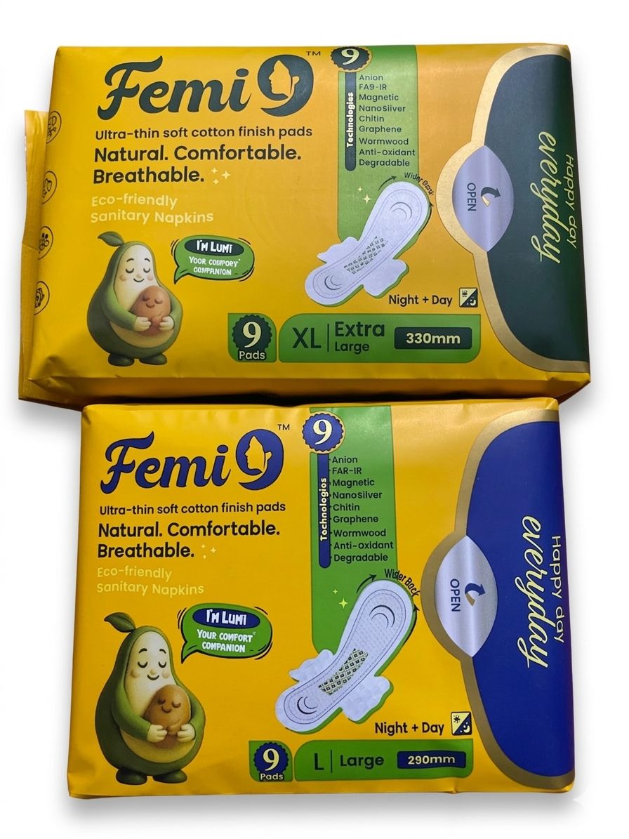 Femi9- Sanitary Pads Odour-Free| -L (290mm) -9 Pieces  -1 and XL (330mm -1 Pack /  2 pack combo
