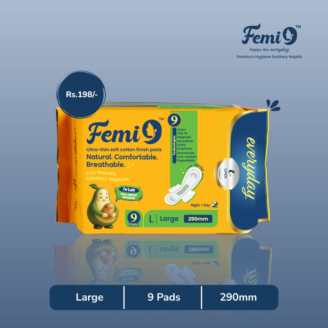 Femi9- Large Sanitary Pads Odour-Free| -Large Pads(290Mm) -9 Pieces /  4 pack combo