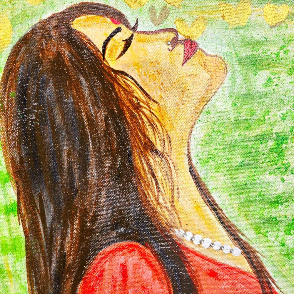 Lonely girl with a group of golden butterflies Acrylic canvas painting