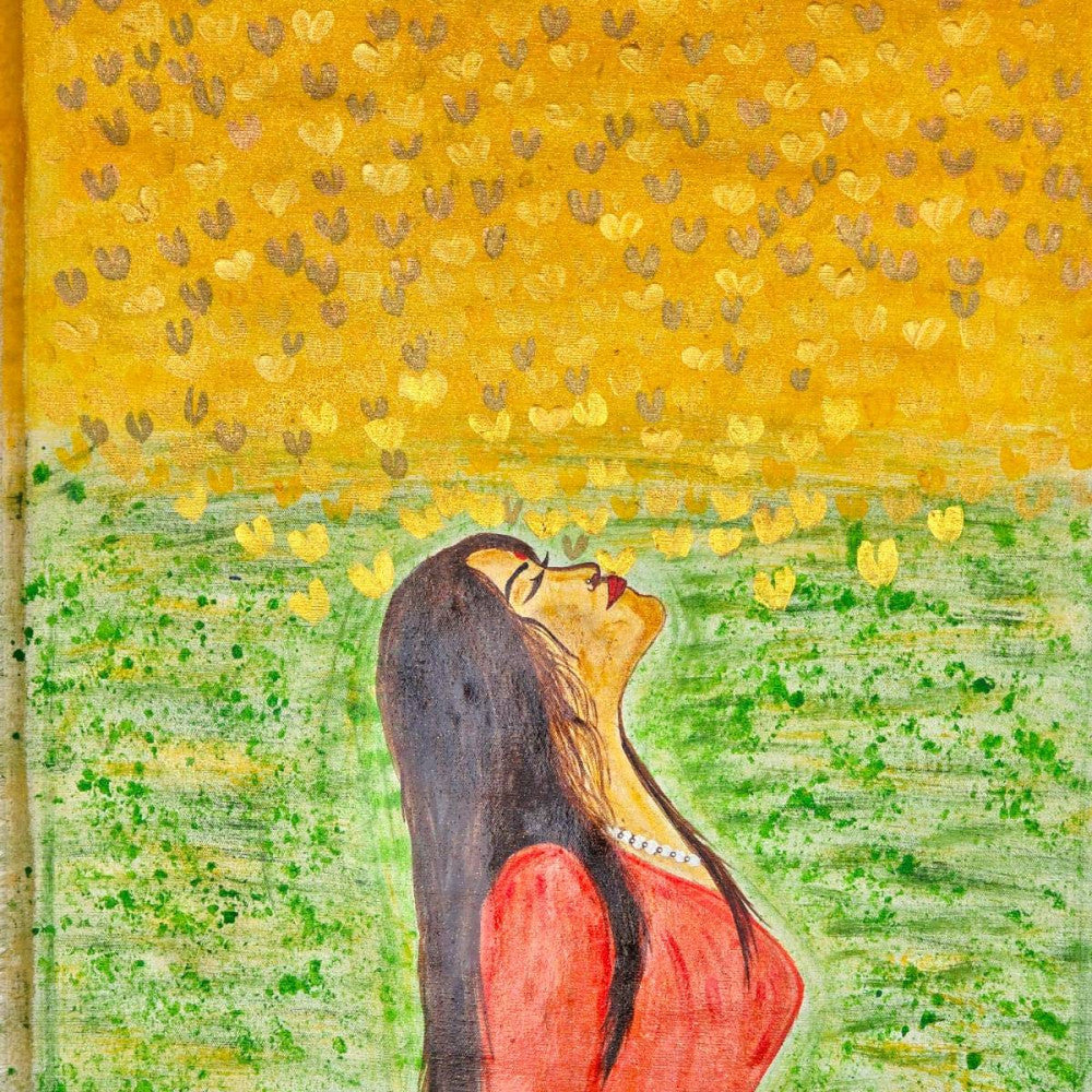 Lonely girl with a group of golden butterflies Acrylic canvas painting