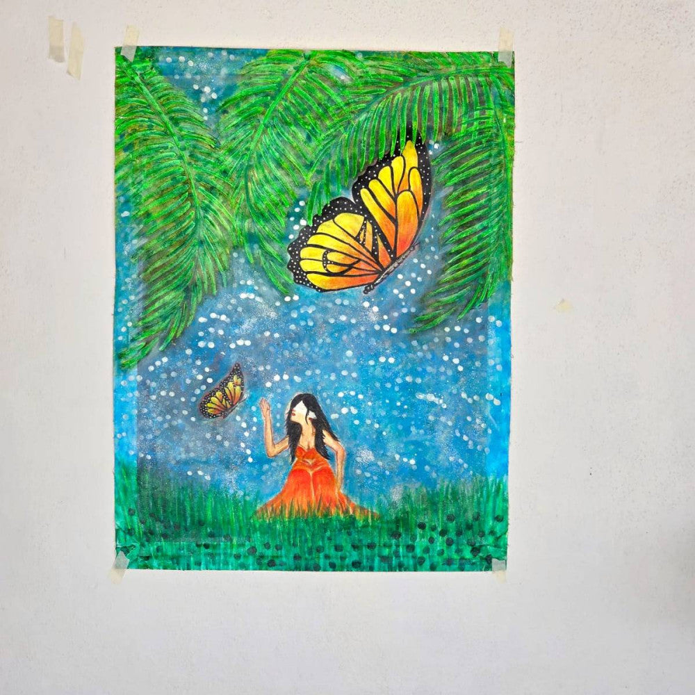 Lonely lady with butterflies Acrylic/oil canvas painting