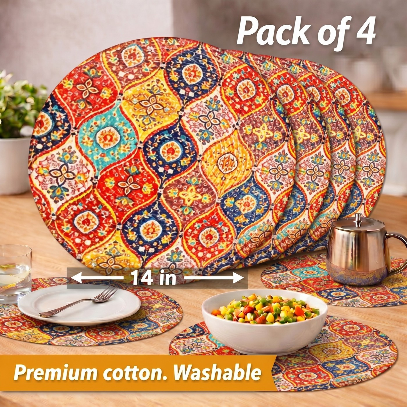 Mittory Cotton Round Dining Table Mats 4 | Mandala Handmade Place Mats | Hot Pot Mat