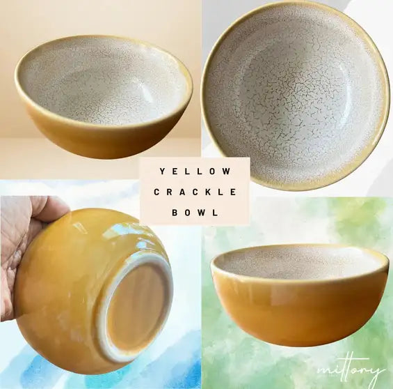 Mittory Mustard Crackle 600 ml| Snacks, Cereal, Pasta, Curry| Microwave Safe |Ideal Gift Ceramic Serving Bowl