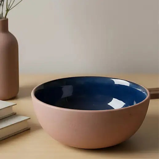 Mittory Ceramic Serving Bowl -600 Ml | Cereals, Pasta, Snacks, Salads | Microwave Safe (Brown, Blue, Pack of 1)