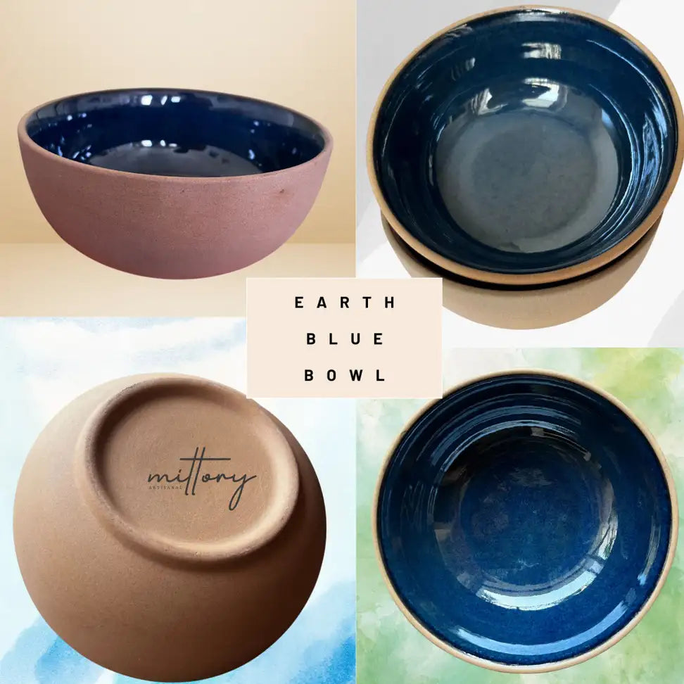 Mittory Ceramic Serving Bowl -600 Ml | Cereals, Pasta, Snacks, Salads | Microwave Safe (Brown, Blue, Pack of 1)