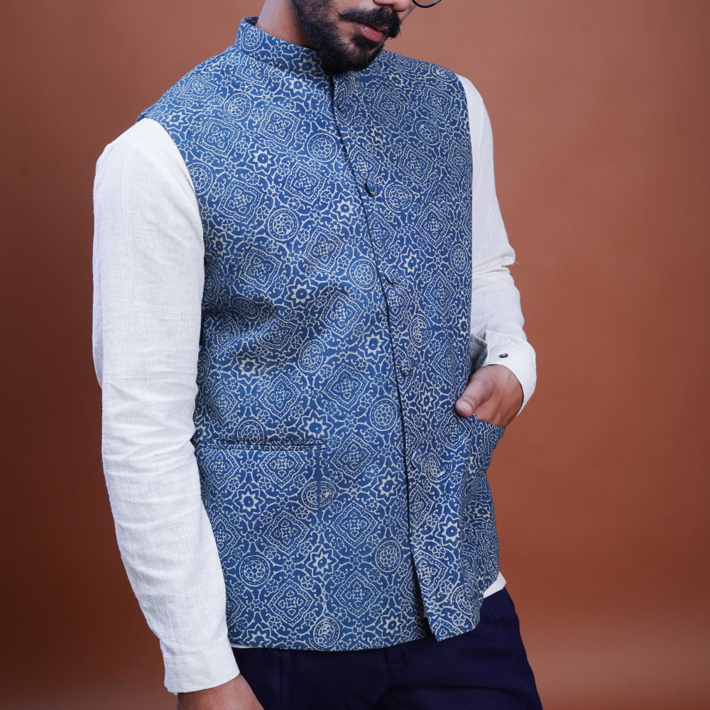 Hand block printed Ajrakh Clear Sky Nehru Jacket