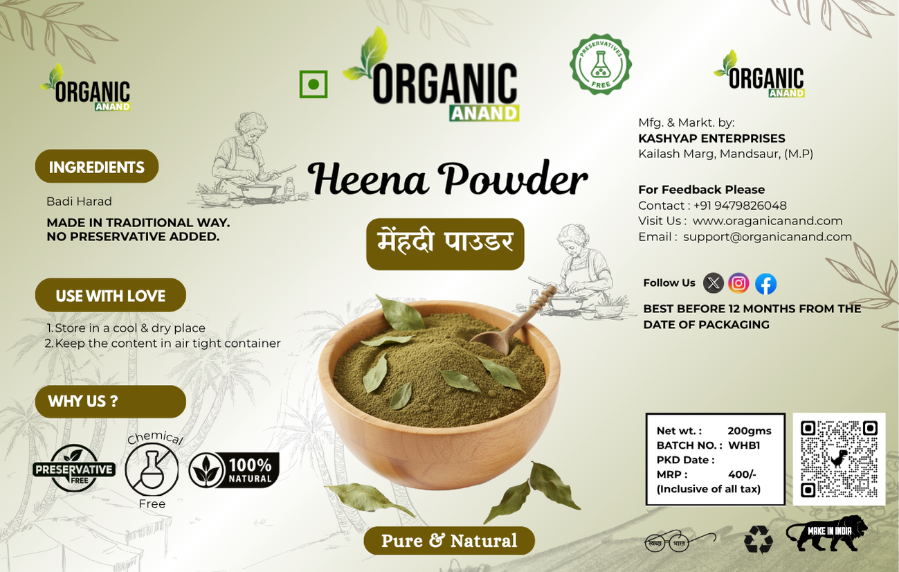 Organic Anand Natural Henna Powder/Mehendi Powder for hair Colour, Hand & Feet Colour and Hair Growth