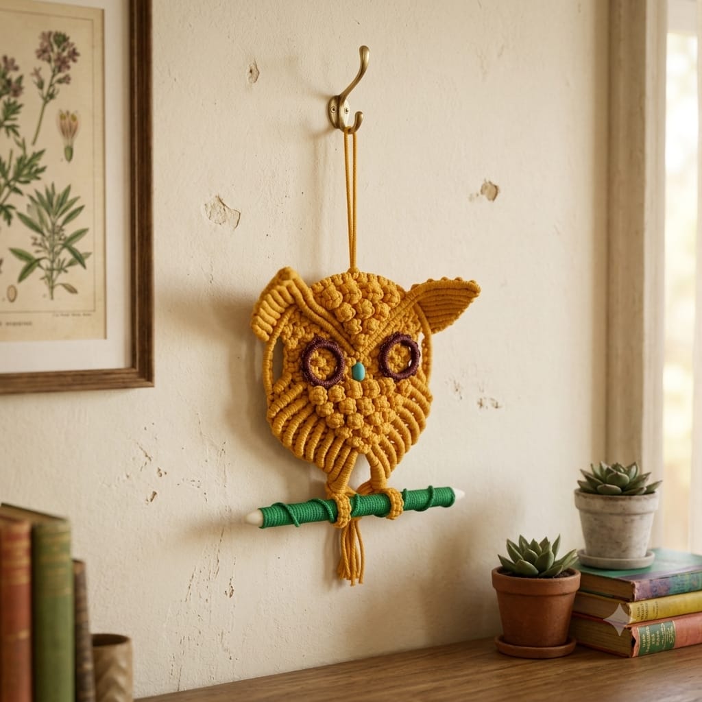 Handmade Macrame Owl Wall Hanging | Yellow Boho Style Cotton Thread Tapestry Home Decor for Living Room, Bedroom & Entrance SIZE (15*7) YELLOW COLOR