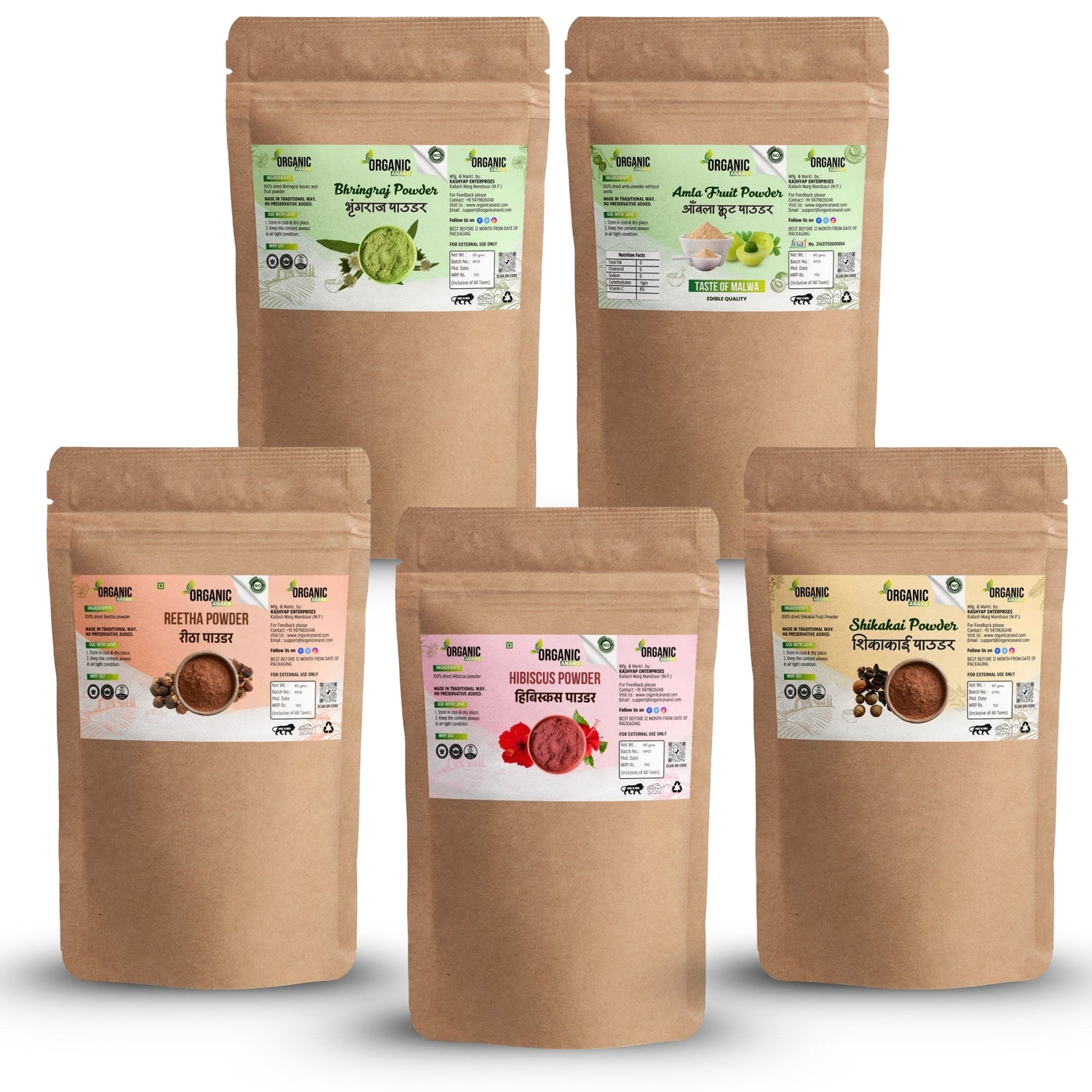 Amla Reetha Shikakai, Bhringraj and Hibiscus Powder for Hair (Pack of 5, 150gm each,Total 750 Grams)