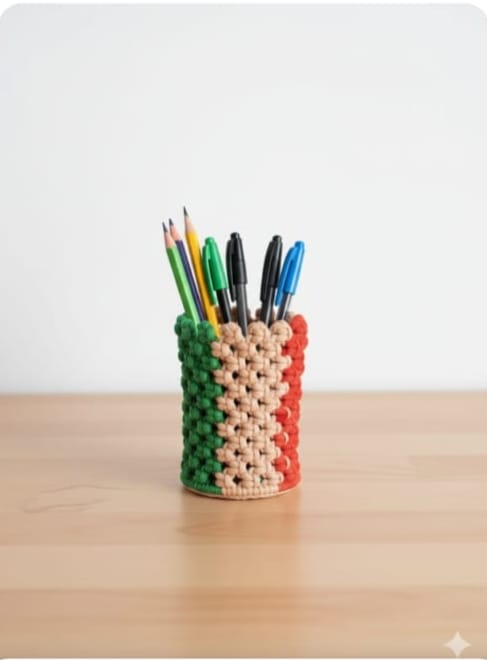 HANDMADE MACRAME PEN HOLDER MULTI COLOR DESK ORGANISER FOR OFFICE & STUDY TABLE