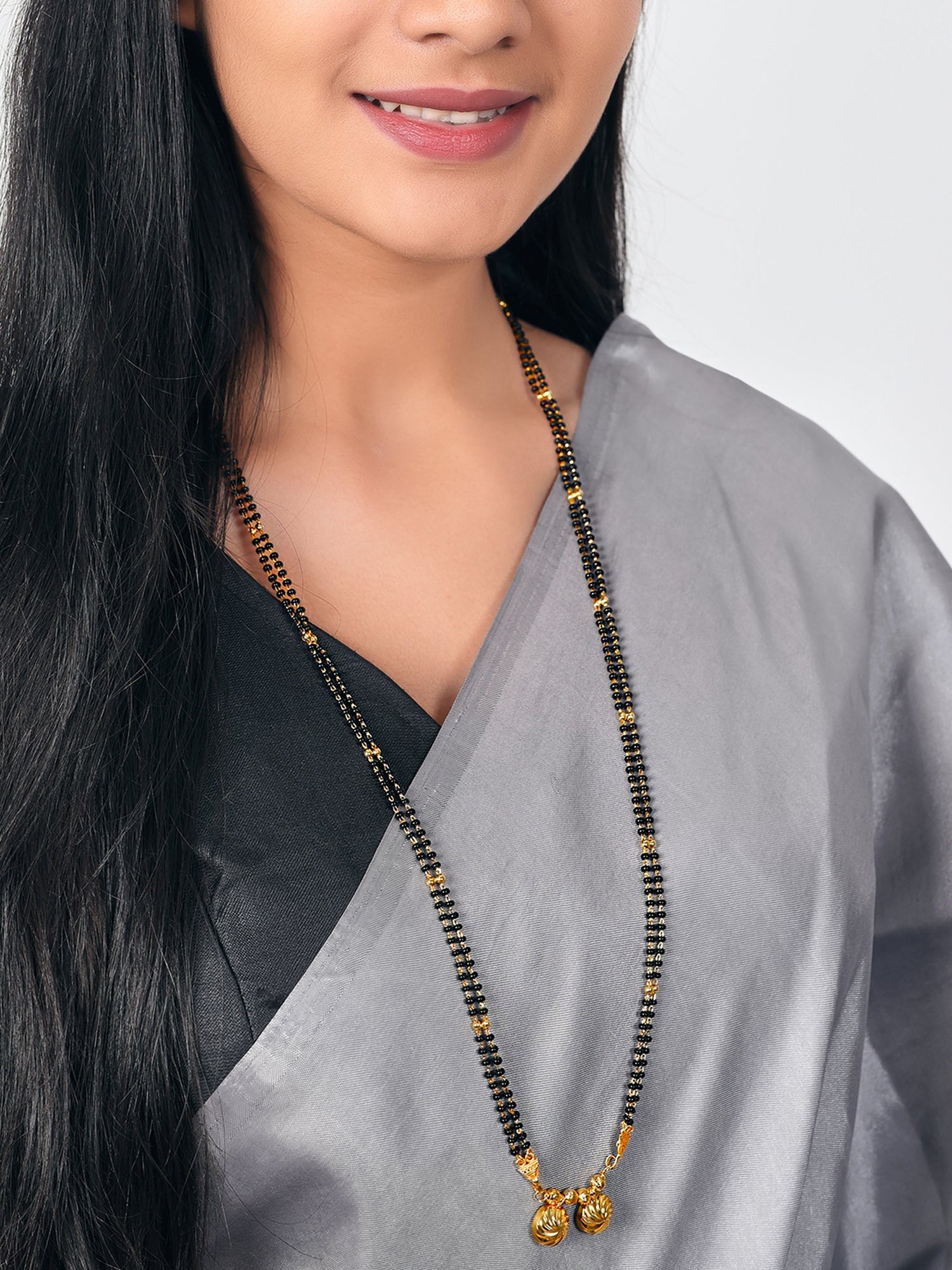 JHB 30 inch jewellery's Traditional Temple Forming One Gram Gold Stylish Maharashtrian Wati Mangal sutra Long Set Tanmaniya Black Vati Mangalsutra For Women