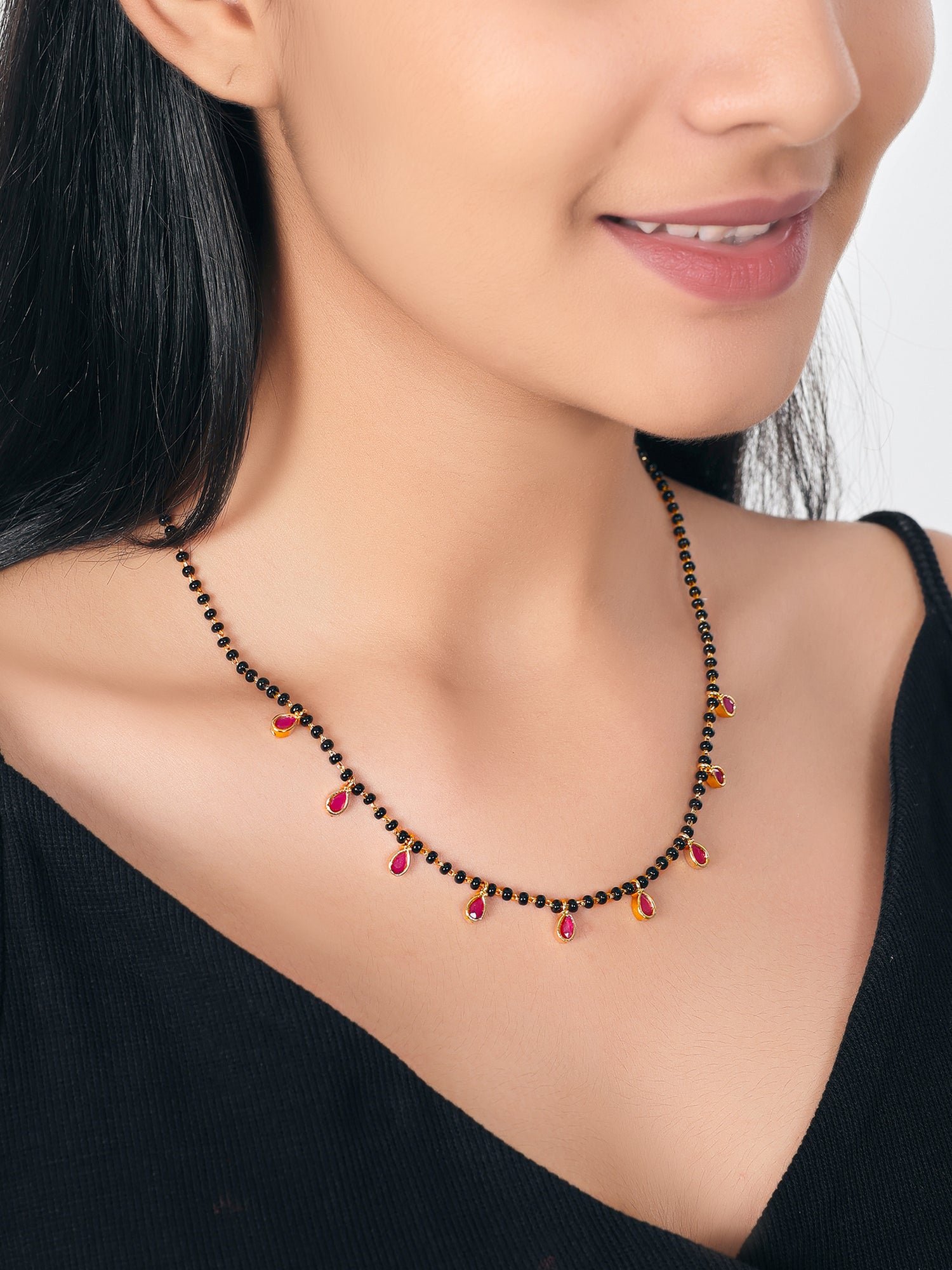 JHB Ruby Pendant Black Bead Chain Short Mangalsutra Tanmaniya Necklaces For Women