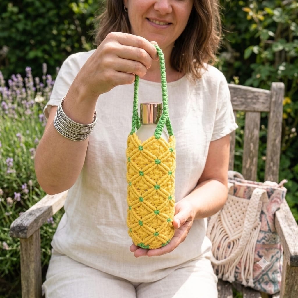 YELLOW Macramé Bottle Cover 1 Litre | Handmade Eco-Friendly Bottle Holder with Braided Strap | Reusable Boho Style Bottle Carry Bag
