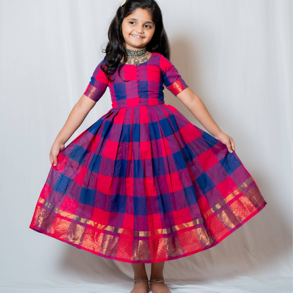 Kattam - Anarkali dress in chettinad cotton in Pink and blue checks