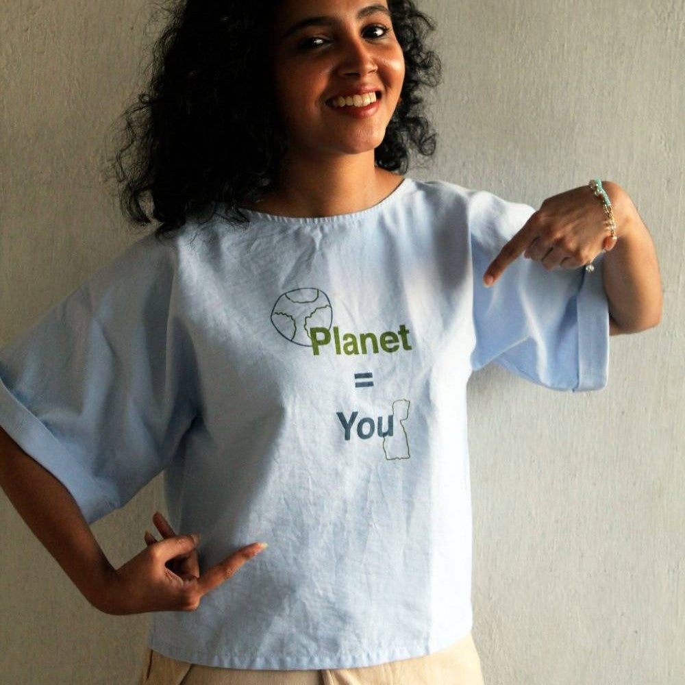 Asian In Me | Cotton Women's Crop-length Blue top I Planet Slow-T