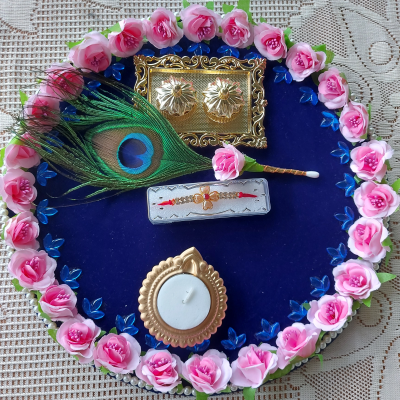 Pink Flower Blue Rakhi Thali