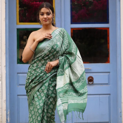 Hand Block printed  linen cotton sarees with blouse piece1