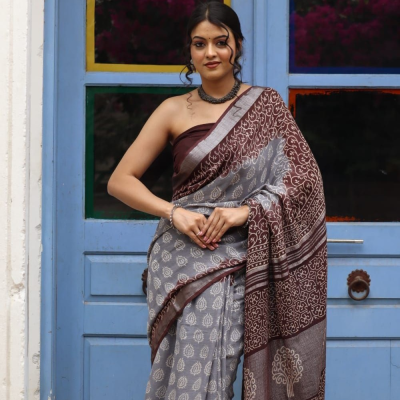 Hand Block printed  linen cotton sarees with blouse piece3