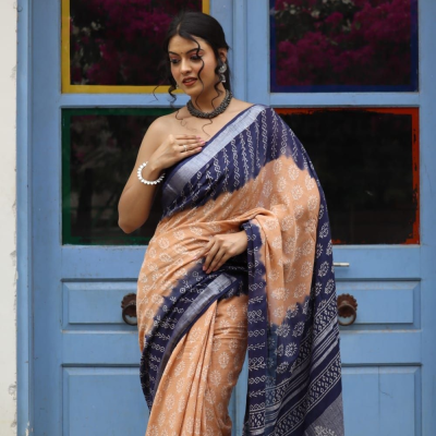 Hand Block printed  linen cotton sarees with blouse piece4