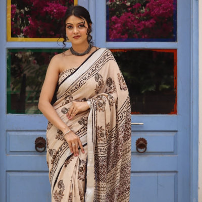 Hand Block printed  linen cotton sarees with blouse piece5