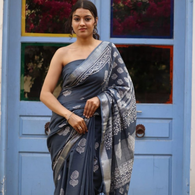 Hand Block printed  linen cotton sarees with blouse piece7