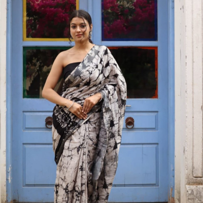 Hand Block printed  linen cotton sarees with blouse piece8