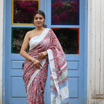Hand Block printed  linen cotton sarees with blouse piece9