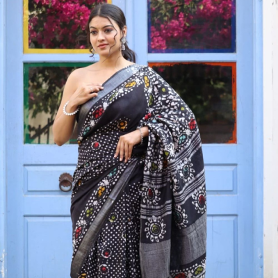 Hand Block printed  linen cotton sarees with blouse piece12
