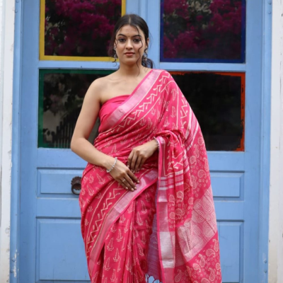 Hand Block printed  linen cotton sarees with blouse piece13
