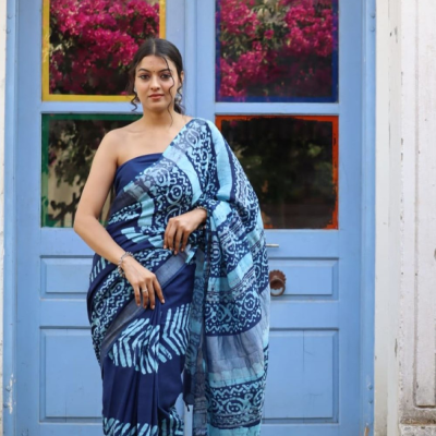 Hand Block printed  linen cotton sarees with blouse piece14