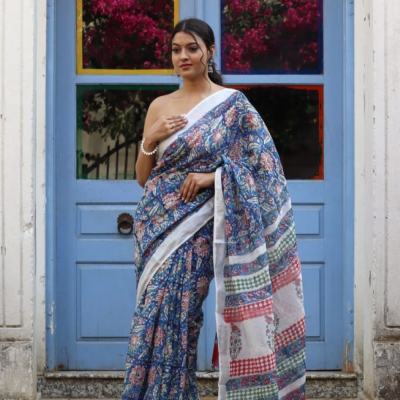 Hand Block printed  linen cotton sarees with blouse piece15