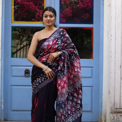 Hand Block printed  linen cotton sarees with blouse piece16