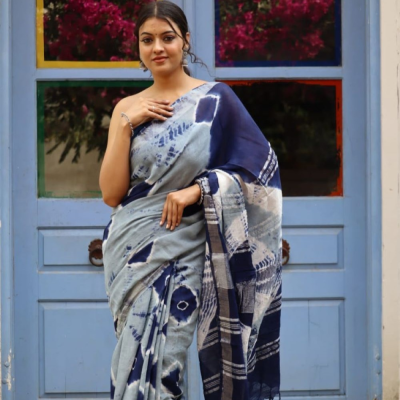 Hand Block printed  linen cotton sarees with blouse piece17