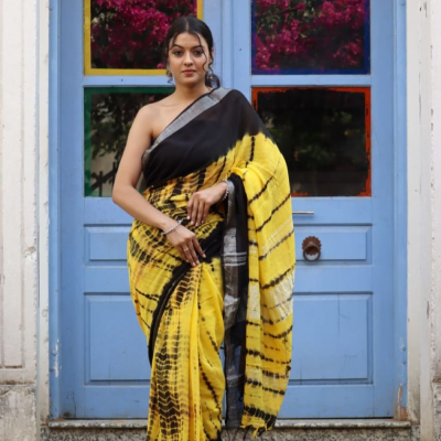 Hand Block printed  linen cotton sarees with blouse piece18