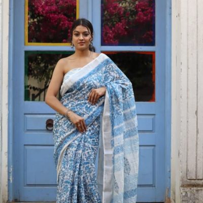 Hand Block printed  linen cotton sarees with blouse piece11
