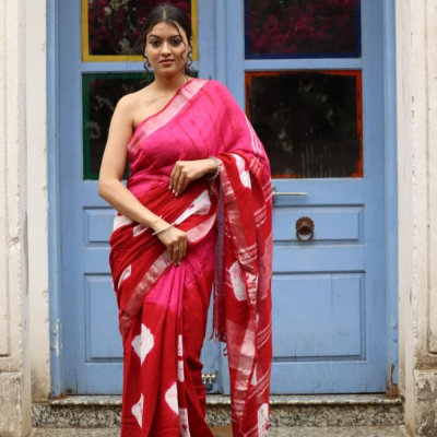 Hand Block printed  linen cotton sarees with blouse piece19