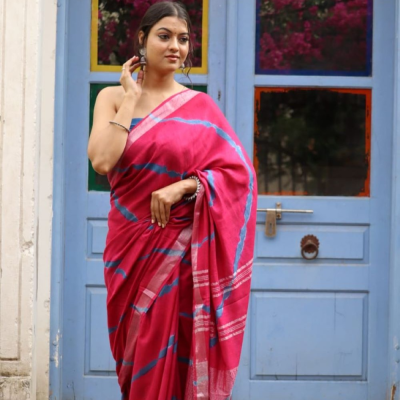 Hand Block printed  linen cotton sarees with blouse piece6