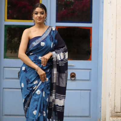 Hand Block printed  linen cotton sarees with blouse piece23
