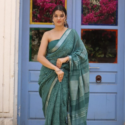 Hand Block printed  linen cotton sarees with blouse piece25