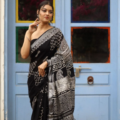Hand Block printed  linen cotton sarees with blouse piece10