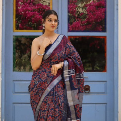Hand Block printed  linen cotton sarees with blouse piece2
