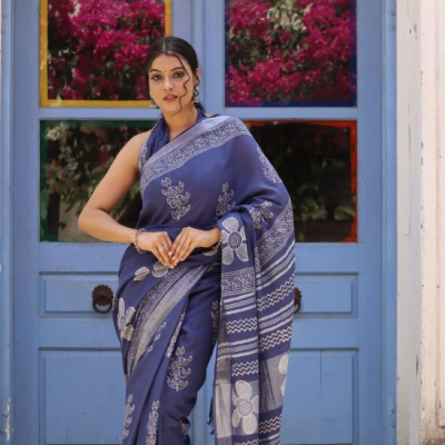Hand Block printed  linen cotton sarees with blouse piece27