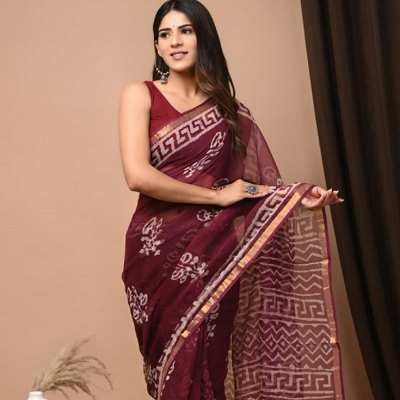 Printed Kota Doriya Sarees with Blouse_Maroon with Gold Zari
